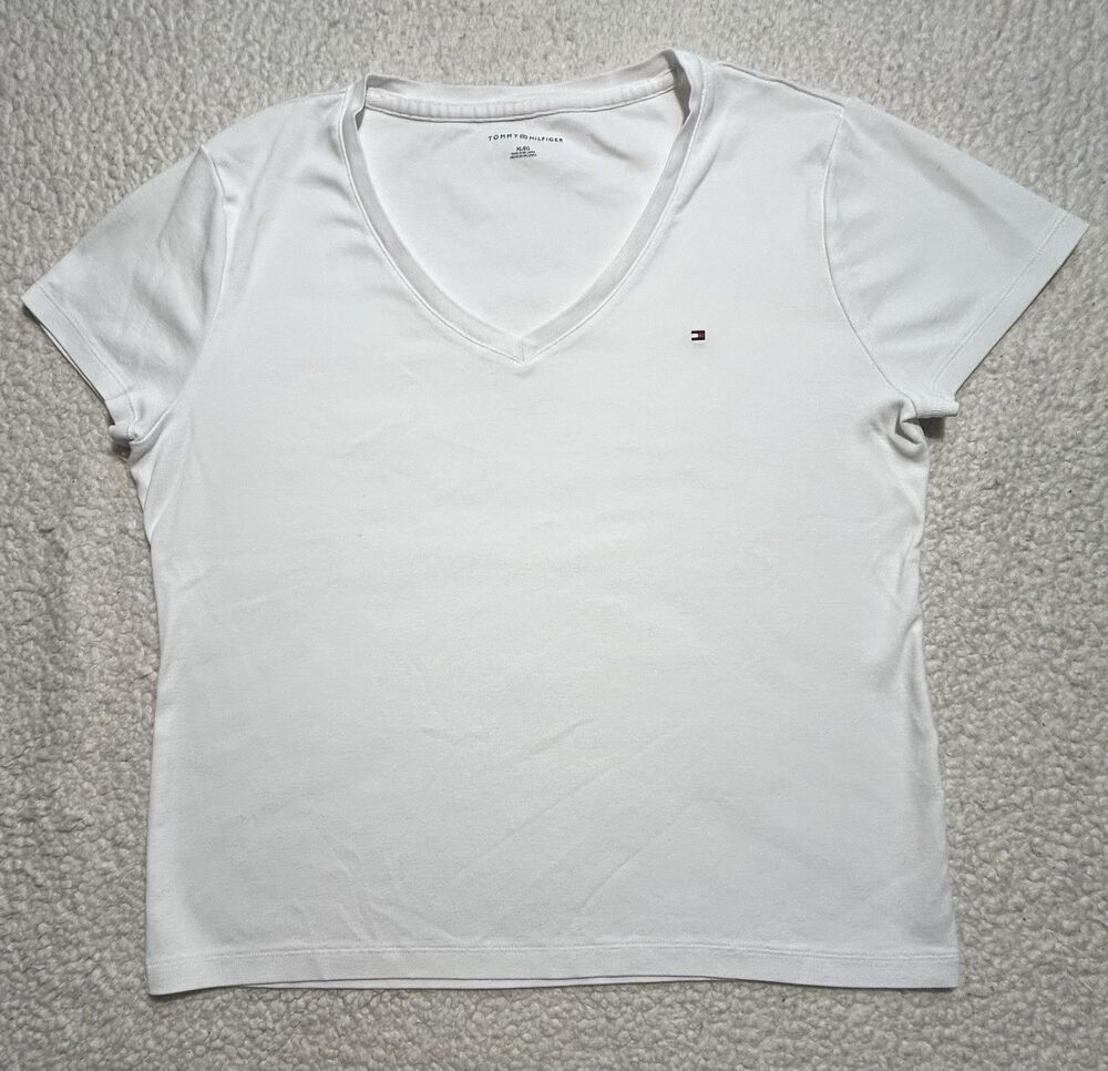 Tommy Hilfiger Women V-Neck T-Shirt Size XL White Embroidered Logo Sri Lanka